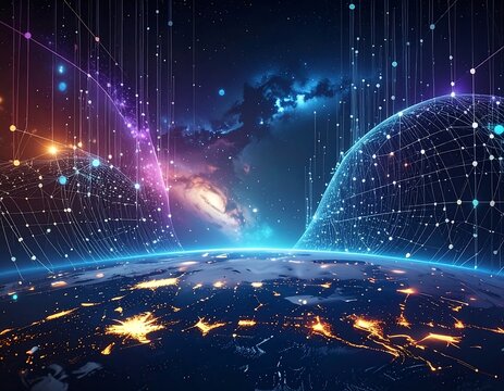Global network, digital world. Abstract representation of planet Earth, overlaid with connected network and digital data streams
