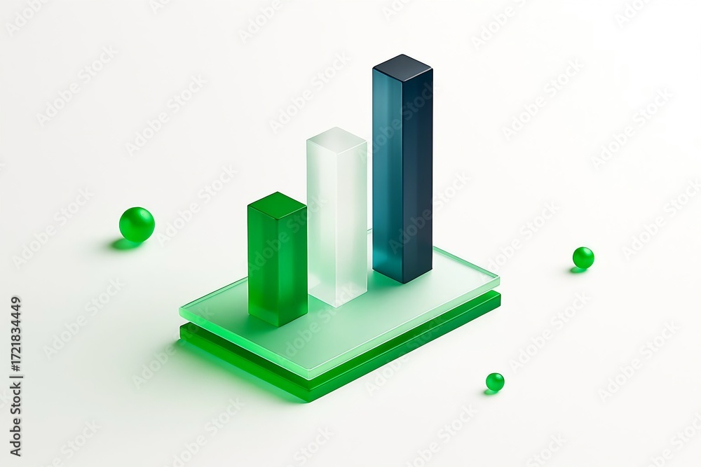 Poster abstract 3d rendering of a financial growth chart with translucent green and blue bars on a white ba