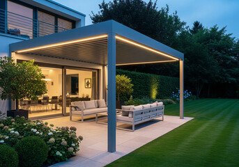 Modern minimalist patio with an illuminated aluminum pergola and stylish lounge furniture at dusk. Luxury outdoor living space.