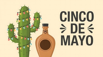 Green cactus with festive lights and tequila bottle