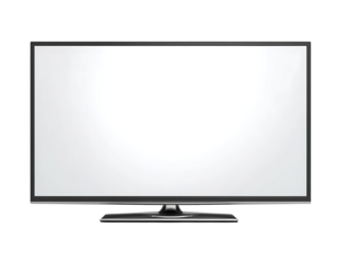 Modern flat screen television displaying bright content with sleek stand and dark surround isolated on transparent background