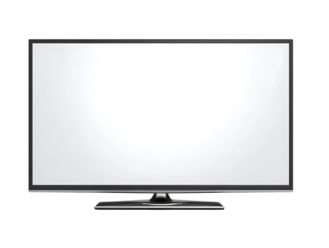 Modern flat screen television displaying bright content with sleek stand and dark surround isolated on transparent background