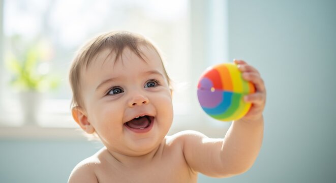 Lustiges Baby spielt mit bunter Kugel sanftes Sonnenlicht strahlt. AI Generated