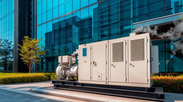 Industrial Power Generator Running Outdoors, Emitting Exhaust Fumes, Providing Essential Backup Electricity to a Modern Commercial Office Building, Highlighting Energy Resilience Infrastructure