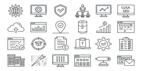 Line art business and technology icons set with computer, SEO, rocket, graph, light bulb, office, shield, and digital elements. Modern outline symbols for web, apps, marketing, and infographics.