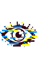 Fototapeta premium Abstract eye symbol with colorful glitch effect on white background.