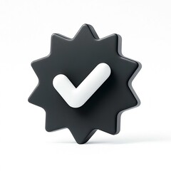 Obraz premium A black starburst shape with a white checkmark in the center on a white background representing verification or approval