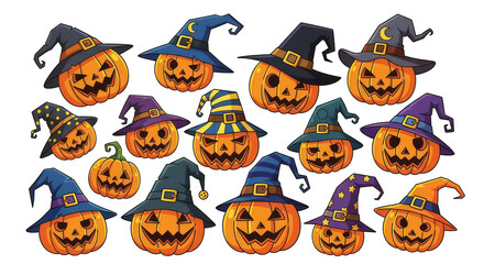 Naklejka premium A Large Collection of Halloween Pumpkins with Witch Hats