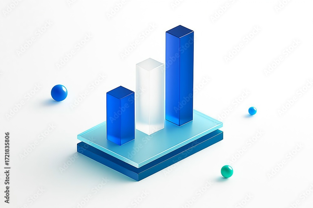 Poster abstract 3d graphic representing data growth and progress with translucent blue and white bars on a 