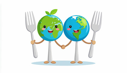 Two cartoon planets holding forks, representing the idea of eating or food related to our planet and planet Earth