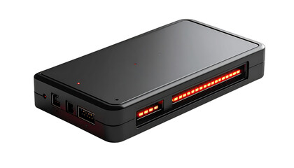 Dark gray, rectangular device with red LEDs