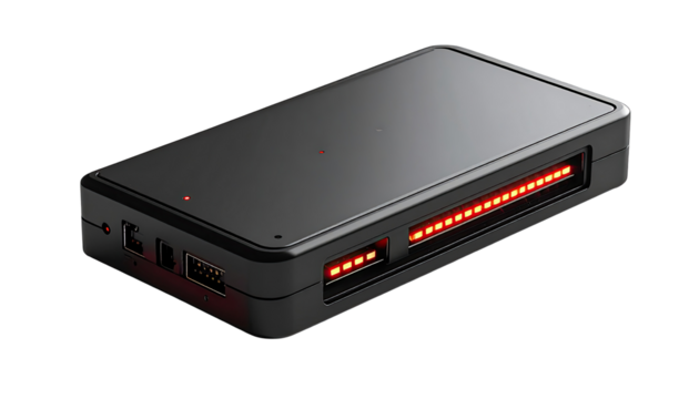 Dark gray, rectangular device with red LEDs