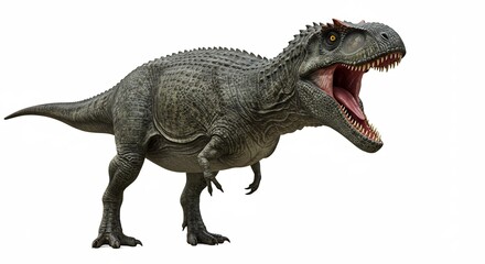 Obraz premium Kraftvoller Dinosaurier br�llt laut gegen weissen Hintergrund realistisch gezeichnet. AI Generated