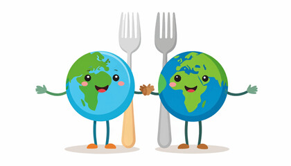 Two smiling Earth globes hold hands with forks, symbolizing sustainable food and a healthy planet