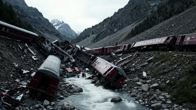 Train Derailment in Mountainous Valley - Aerial view of a catastrophic train derailment in a mountainous valley.