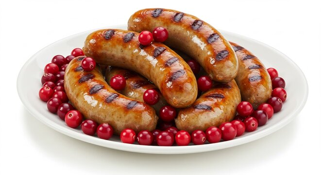 Gebratene Bratwurst saftig auf Teller leuchtend rote Cranberries. AI Generated