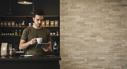 Focused Barista or Cafe Owner Working on a Tablet at a Small Business Coffee Shop