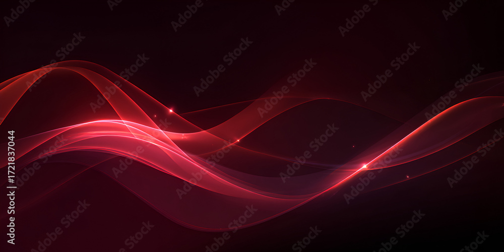 Poster flowing neon curves in red and pink tones forming smooth abstract wave motion on dark background