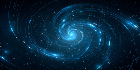 Bright spiral galaxy in deep space filled with glowing stars and light trails forming a vortex
