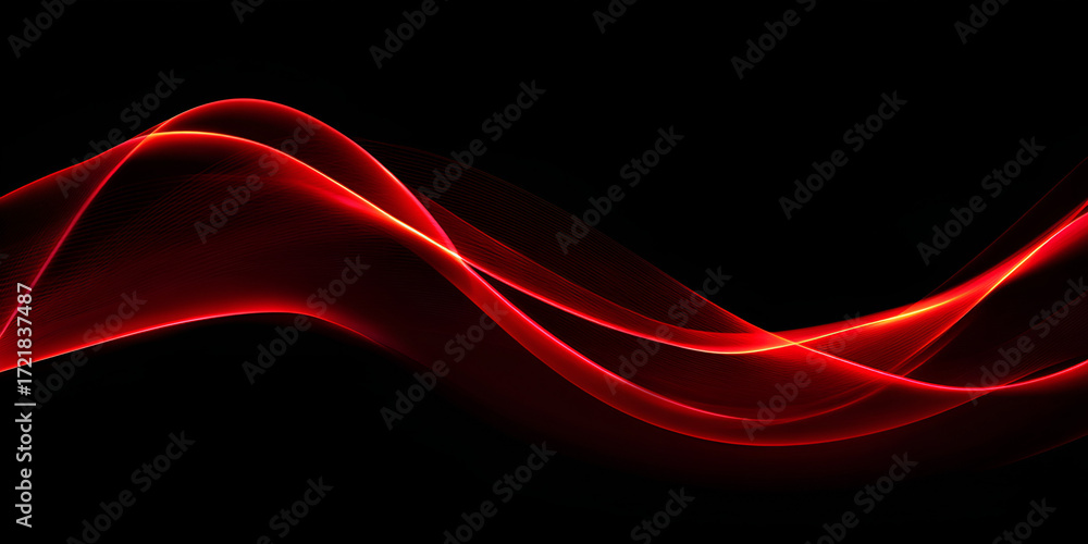 Poster thin red neon lines in elegant wave pattern on black
