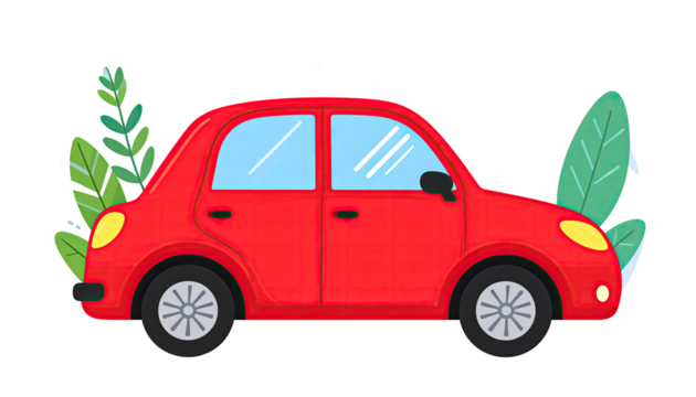 Cartoon red car with greenery - Powered by Adobe