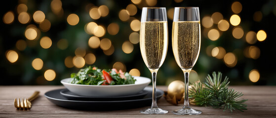 Two champagne glasses with sparkling wine and festive salad on wooden table