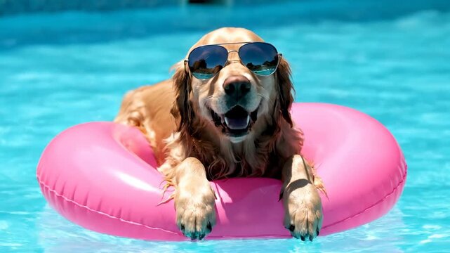 Golden Retriever Relaxing in Pool with Inflatable Ring - A golden retriever dog enjoys a summer day, wearing sunglasses and floating on a pink inflatable ring in a swimming pool.