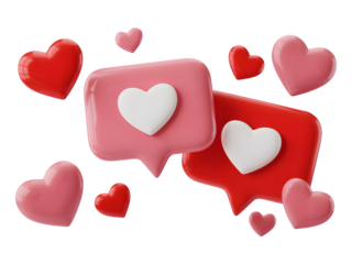 Two speech bubbles with hearts isolated on transparent background for valentines day