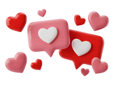 Two speech bubbles with hearts isolated on transparent background for valentines day