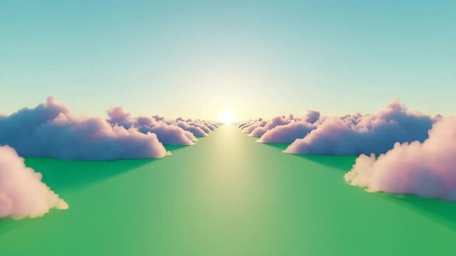 Dreamlike pastel sunrise over a central green pathway flanked by fluffy pink clouds.