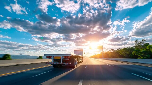 Flatbed Semi truck Driving on a Multi lane Highway, Illuminated by a Beautiful Sunset Sky with Dynamic Clouds, Symbolizing Efficient Transportation and Long haul Logistics