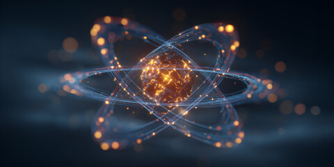 Glowing atom with orange and blue particle trails