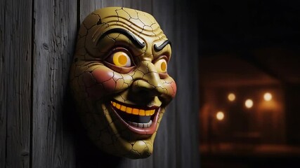 Eerie cracked porcelain mask with glowing eyes and sinister smile on wooden wall. - Powered by Adobe