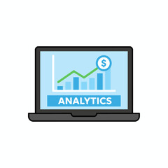 A laptop displaying a business analytics chart with an increasing trend line and a dollar sign symbol.