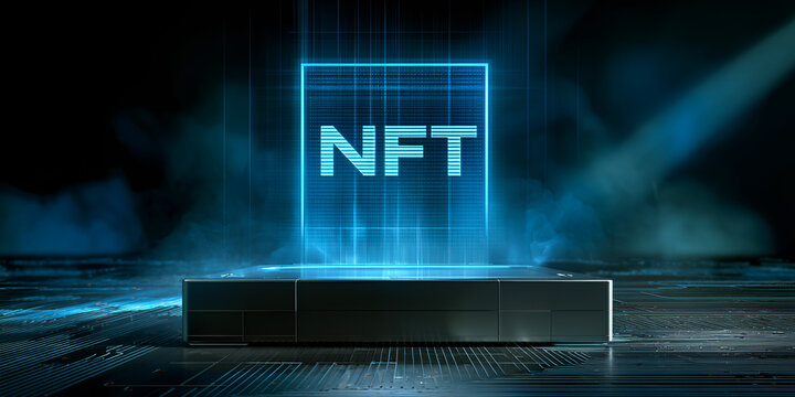 NFT logo hovering as a glowing hologram over a digital pedestal symbolizing virtual assets and blockchain