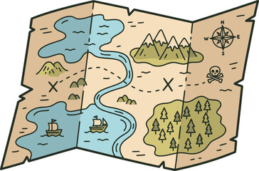 A cartoon treasure map depicts a winding river, mountains, and a compass, with marked locations.