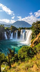 Majestic waterfall cascading into a turquoise pool, surrounded by lush greenery and mountains