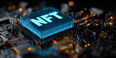 NFT label glowing on a digital processor representing cryptocurrency, blockchain technology, and futuristic finance systems