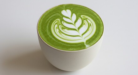 Sanftes Licht betont Matcha Latte Kunst. AI Generated