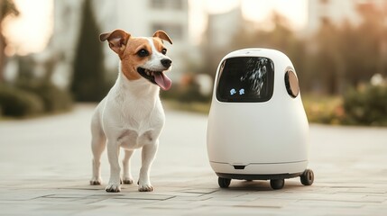 Robotic pet walker taking a dog for a stroll, automated pet care, convenient service, modern companionship.  45