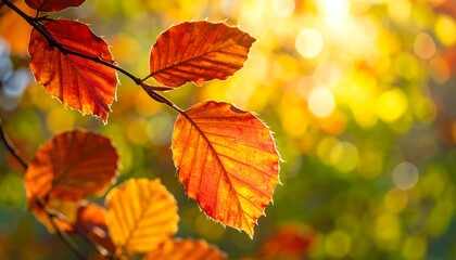 Fototapeta premium Vibrant autumn leaves bathed in golden sunlight, showcasing intricate patterns and warm hues against a blurred natural backdrop.