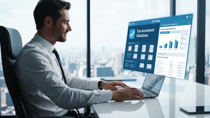 Businessman Analyzing Financial Data on Laptop - A focused businessman sits at his desk, reviewing financial data displayed on a holographic screen above his laptop. - Powered by Adobe