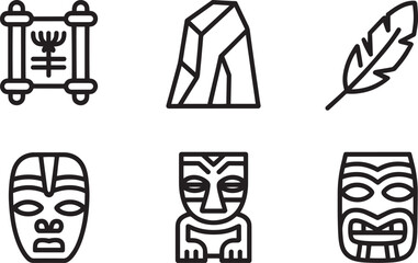 Ancient Tribal Icon Collection Design Mask, Carving, Scroll And Feather Vector Design Arts