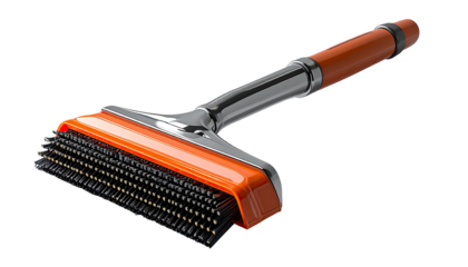 A long-handled cleaning brush with a bright orange handle and head