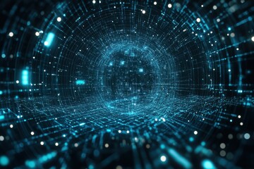 Abstract blue digital tunnel with glowing particles and grid patterns image