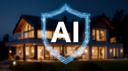 AI security shield protecting smart home at night image. Artificial intelligence house photography scene photorealistic. Cyber safety. Protection technology concept photo realistic