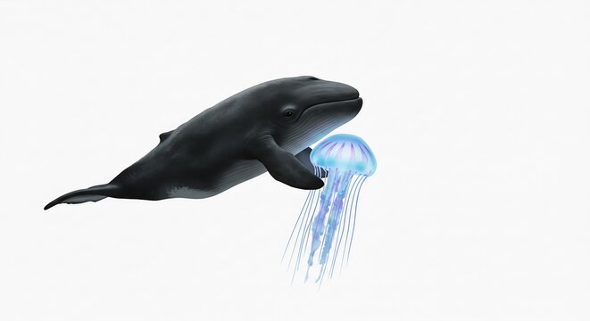 Wal h�lt sanft Qualle zarte Unterwasserwelt leuchtend blau. AI Generated