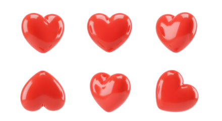 Six shiny red heart shapes in different angles and perspectives, isolated on transparent background