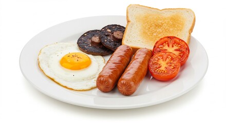 Sonnenhaftes Licht erhellt deftiges englisches Fruhstuck Wurst Spiegelei Toast. AI Generated