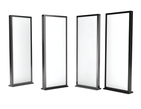 Four modern light panels arranged in a row, showcasing sleek design and illuminated surfaces for various uses.